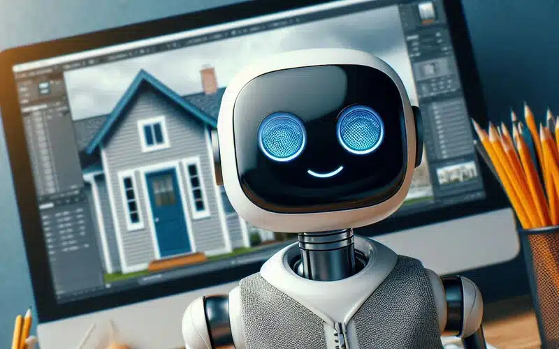 Un robot con occhi luminosi blu e un sorriso, seduto davanti a un computer che mostra un'immagine di una casa, con alcune matite colorate accanto.