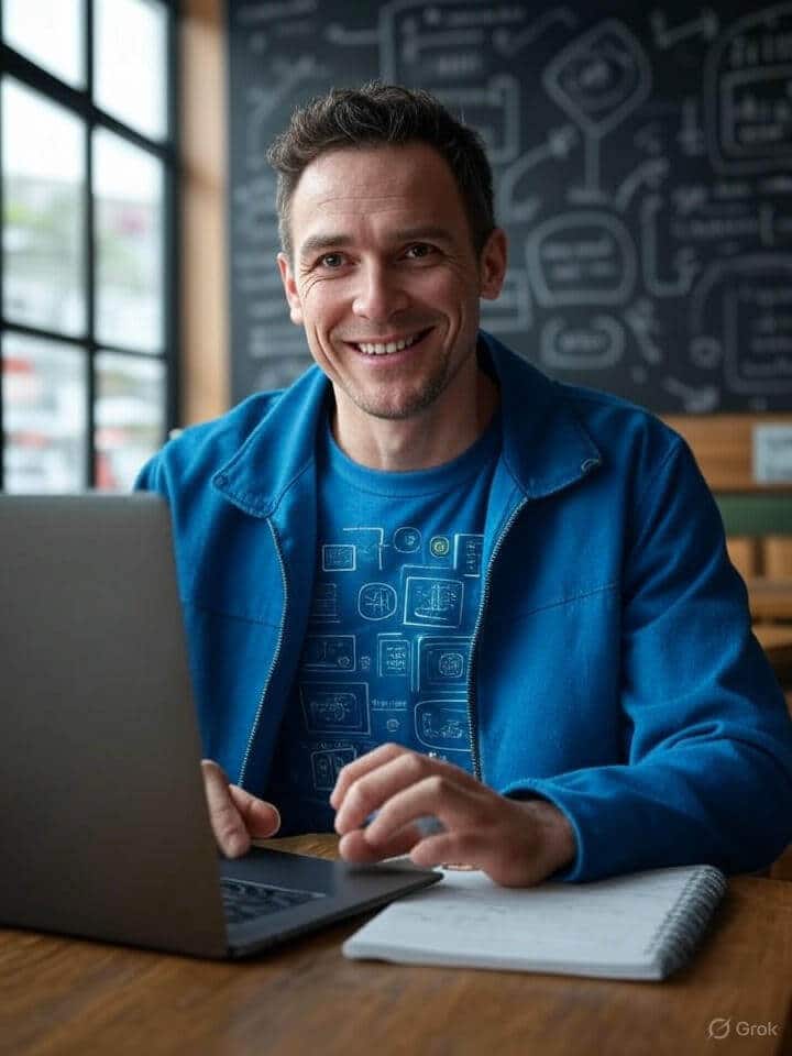 Persona matura androgina con giacca blu e maglietta nerd seduta in un caffè luminoso, lavora su un laptop con un taccuino accanto, davanti a una lavagna caotica piena di diagrammi.