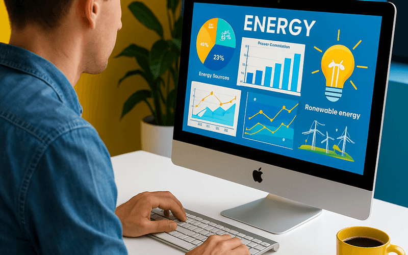 Uomo seduto a una scrivania bianca che lavora a un iMac con infografica colorata sull’energia; sul tavolo un quaderno con schizzi e una tazza di caffè gialla.