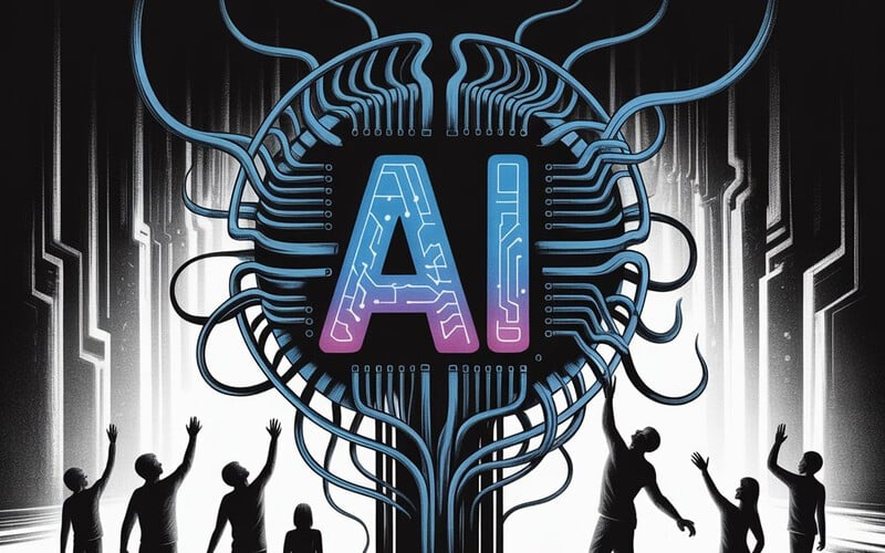 Un'illustrazione futuristica in bianco e nero con accenti di blu e viola raffigura un'enorme struttura a forma di cervello con circuiti al centro, recante la scritta "AI" in caratteri luminosi. Da questa struttura si estendono tentacoli tecnologici che si collegano a silhouette di persone di diverse età, con le braccia alzate verso l'AI, in un'ambientazione oscura con luci al neon che creano un'atmosfera cyberpunk. In alto, il titolo "L’Intelligenza Artificiale: Alleata, Nemica o Padrone?" è scritto in caratteri bianchi.