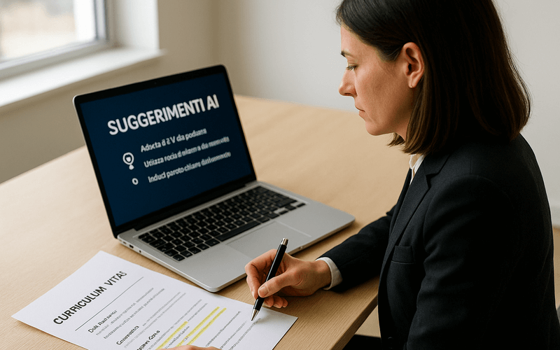 Donna in tailleur nero che, seduta a una scrivania, aggiorna il proprio curriculum seguendo suggerimenti AI sul laptop.