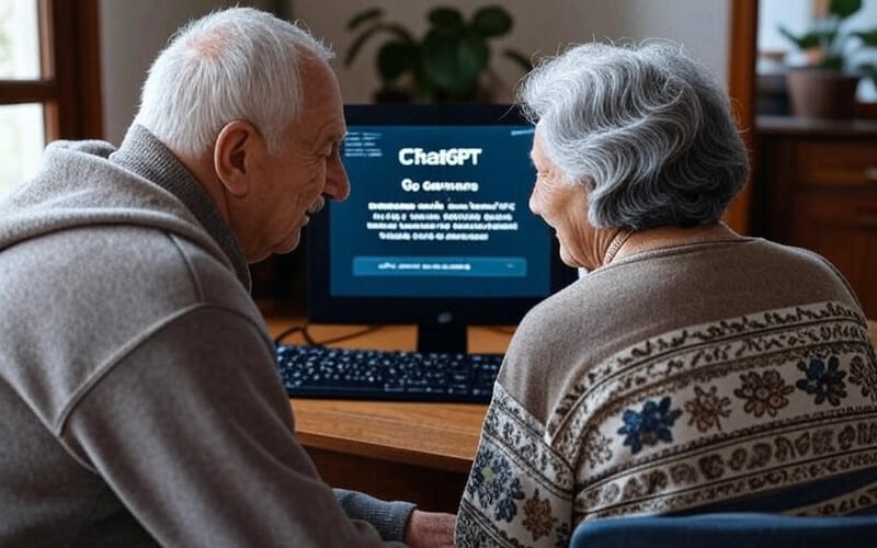 Una coppia di anziani sorridenti seduta davanti a un computer, con lo schermo che mostra la scritta "ChatGPT" L'uomo e la donna, entrambi con capelli grigi, si tengono per mano mentre guardano lo schermo. Sono vestiti con maglioni caldi e sono seduti su sedie imbottite in una stanza luminosa con una finestra e piante sullo sfondo.