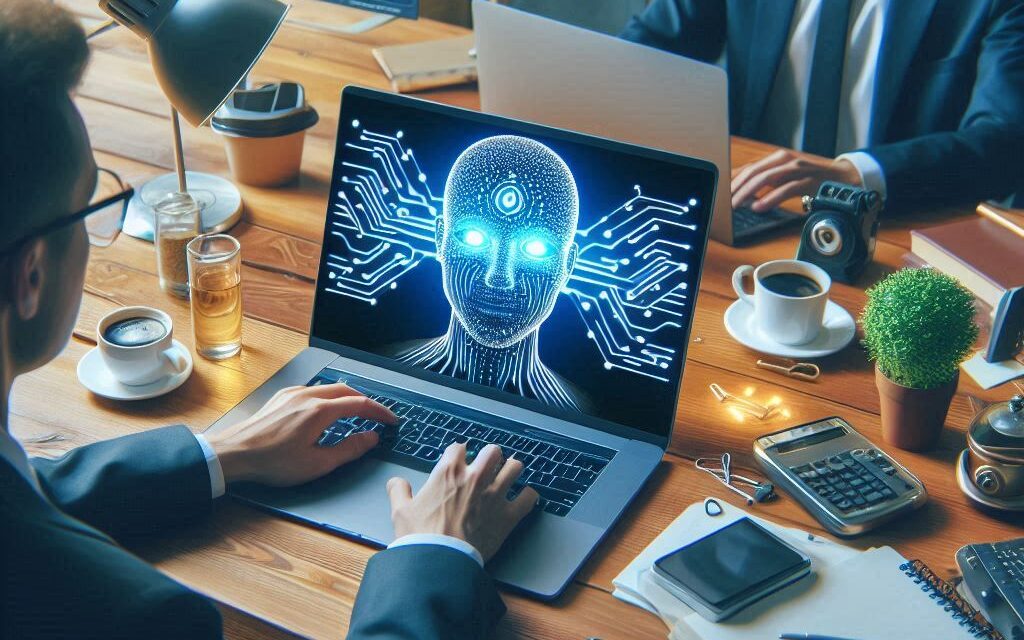 Due persone in ufficio lavorano a un computer che mostra un'immagine digitale di un cervello con circuiti, in un ambiente con tazze di caffè, una pianta e libri sullo sfondo.