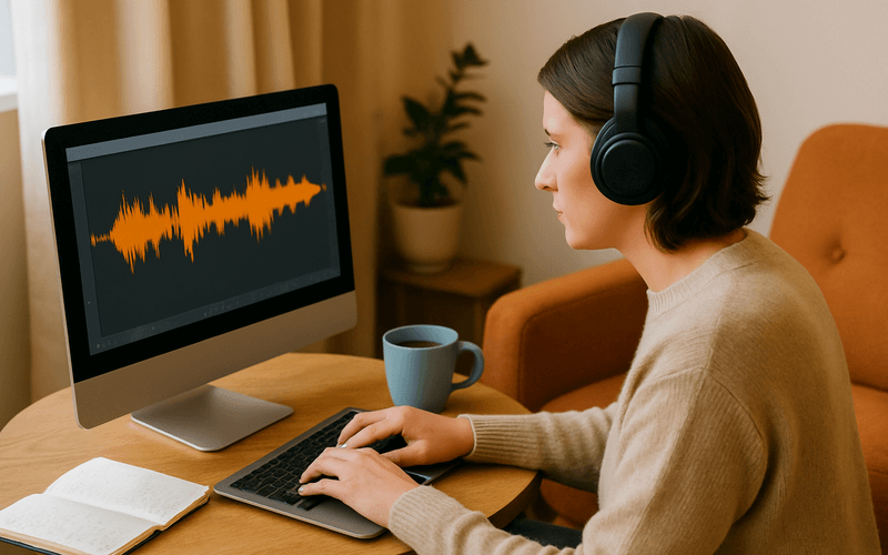 Persona con cuffie seduta a destra che digita su un laptop e guarda un monitor a sinistra con un’onda audio arancione; sul tavolo notebook aperto e tazza blu chiaro.